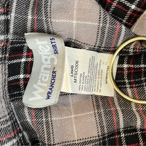 Wrangler Wrancher Red Black Grey and White Plaid Flannel‎ with Pearl Snaps Large - Picture 5 of 6